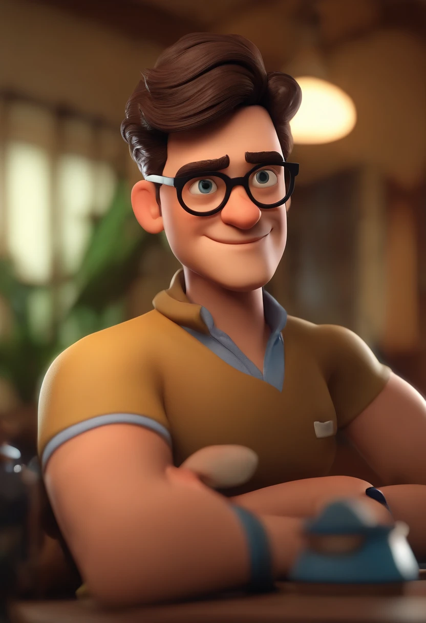 Cartoon character of a man wearing black glasses and a blue shirt, um personagem animado, Caractere estilizado, animation style rendering, 3D estilizado, Arnold Maya render, 3 d render stylized, toon render keyshot, Personagem 3D, Personagem 3D, 3d rendering stylized, 3 d character render, personagem de desenho animado, Personagem de close up, Pose de personagem, (Estilo Pixar) (master part:1.2) (Bokeh) (best quality) (pele detalhada) (textura detalhada) (8k) (argila) (Cinematic lighting) (foco nítido,Senta e vaza a parte superior do corpo