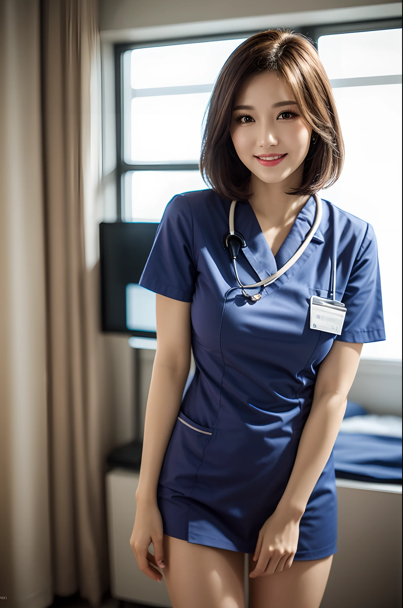 (1 Ultimate Beautiful Mature Nurse)、hyperdetailed face、Detailed lips、detailed eyes、double eyelids、((brunette bob hair))、(nurse's uniform:1.3)、(Glamorous body)、(Huge breasts)、smile、thighs thighs thighs thighs, Perfect fit, Perfect image realism, Background with: (Hospital Patient Rooms:1.2), Cowboy Shot, 细致Background with, detailed costume, Perfect litthing、Hyper-Realism、(Photorealsitic:1.4)、8K maximum resolution, (​masterpiece), highly detailed, Professional