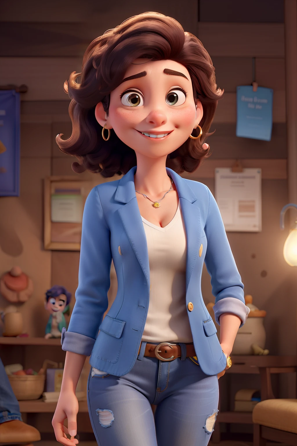 Obra-prima, de melhor qualidade,Pixar/ Disney de uma mulher de 34 anos, com o cabelo curto  loiro iluminado, wears a blazer and jeans have a mole of the face near the nose
