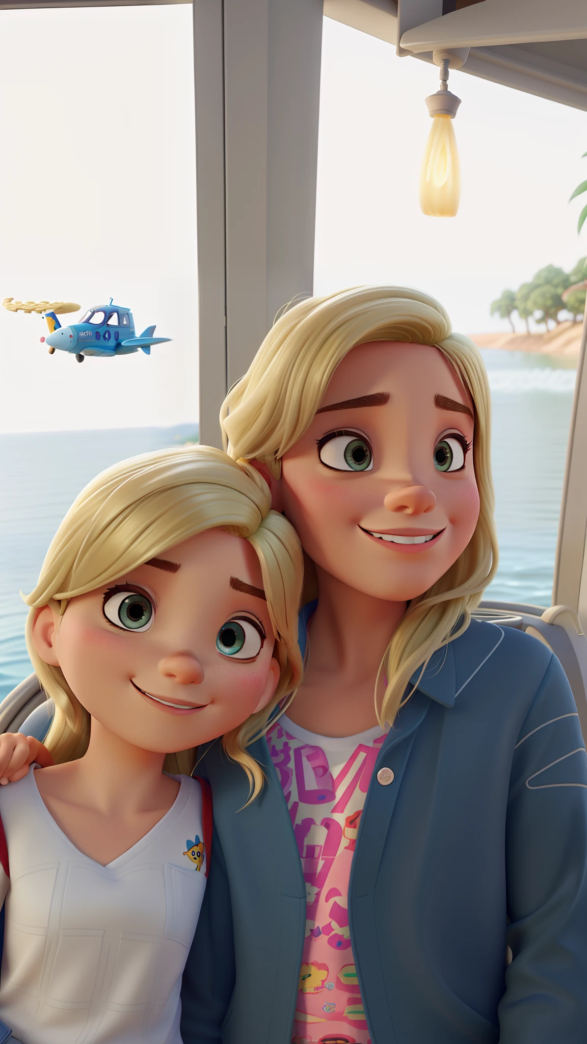 create a 3D movie poster inspired by Disney Pixar, Brazilian blonde holding a 5-year-old, com cabelos castanhos, nos ombros em frente a um lago