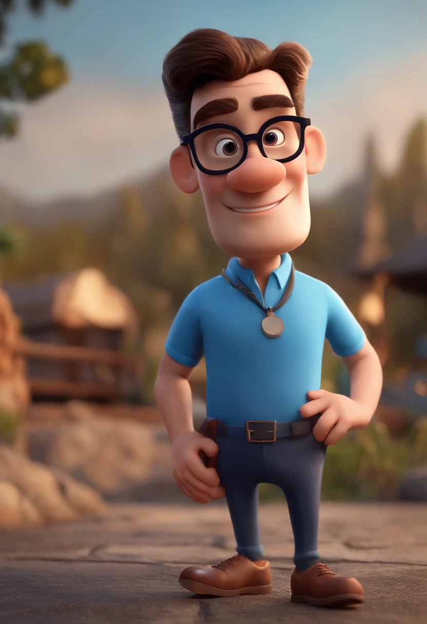 Cartoon character of a man with black glasses and a blue shirt, animation character, Caractere estilizado, animation style rendering, 3D estilizado, Arnold Maya render, 3 d render stylized, toon render keyshot, Personagem 3D, Personagem 3D, 3d rendering stylized, 3 d character render, personagem de desenho animado, Personagem de close up, Pose de personagem, (Estilo Pixar) (master part:1.2) (Bokeh) (best quality) (pele detalhada) (textura detalhada) (8k) (argila) (Cinematic lighting) (foco nítido