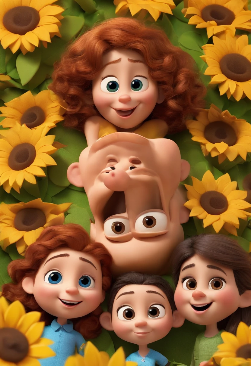 Create a Disney PIXAR-style 3D poster. ((centro da imagem, Triplets)), ((3 children)) ((1 no meio e 2 meninaado, They're hugging each other, O menino tem pstanha e cabelos castanhos escuros e olhos castanhos escuros, 1 menina tem pele cllhos e cabelos escuros e cacheados, e a outra menina tem pele morena, escuros e cabelos escuros e lisos)) ((tudo isso no estilo Disney PIXAR 3D, In the background, A house of sunflowers, Gloria Studio, The garden is full of nature 3D render RTX clay material, estilo de design cartunesco, POP Mart, soft lighting, linhas suaves, Spring tilt, Detailed illustrations of PIXAR 3D, Detalhes hiper-realistas, cor quente no estilo Disney PIXAR 3D))