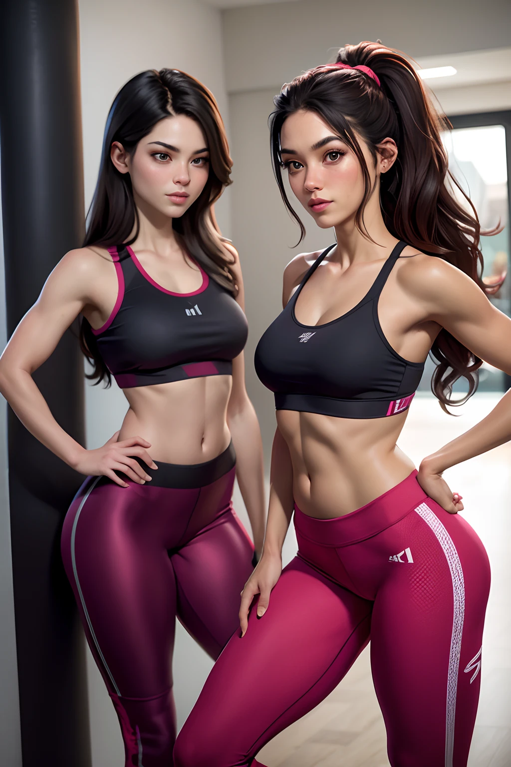 A imagem mostra uma mulher, Consisting of a black sports bra and red leggings. The two women are together in a room, possibly a gym or a studio, And she's posing for the camera. fazendo agachamento, The clothes are designed to be comfortable and functional for physical activities, como correr ou malhar. Women's clothing shows your commitment to fitness and your shared interest in sports or exercise.