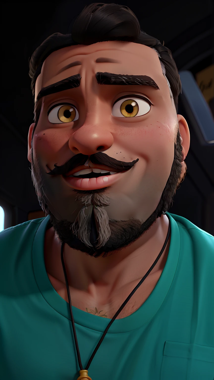 A black-haired brunette Brazilian with a mustache and beard with brown eyes without glasses and a black disney pixar style shirt, alta qualidade, melhor qualidade