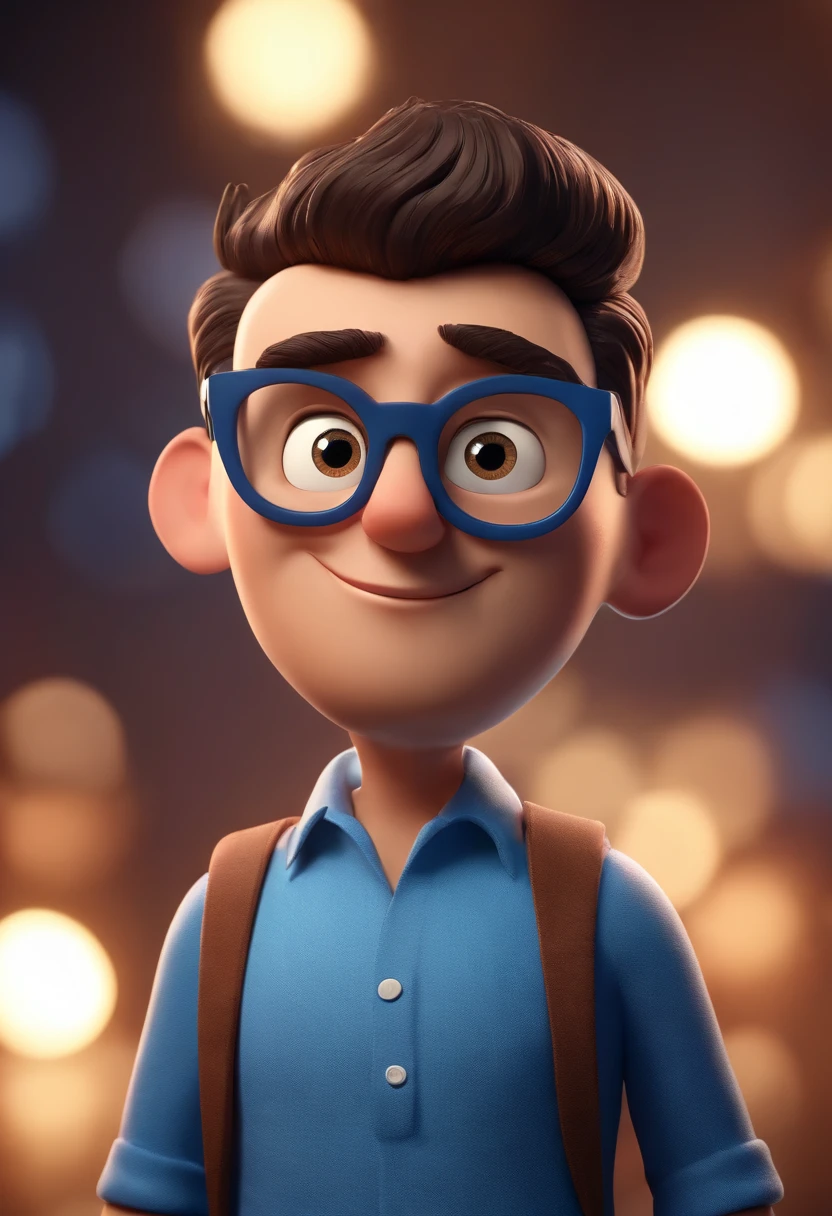 Cartoon character of a man wearing black glasses and a blue shirt, um personagem animado, Caractere estilizado, animation style rendering, 3D estilizado, Arnold Maya render, 3 d render stylized, toon render keyshot, Personagem 3D, Personagem 3D, 3d rendering stylized, 3 d character render, personagem de desenho animado, Personagem de close up, Pose de personagem, (Estilo Pixar) (master part:1.2) (Bokeh) (best quality) (pele detalhada) (textura detalhada) (8k) (argila) (Cinematic lighting) (foco nítido，Senta e vaza a parte superior do corpo