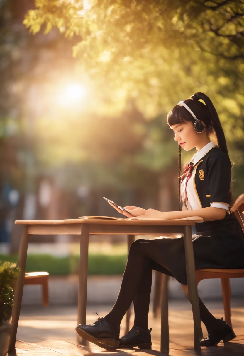 (extremamente detalhado CG unidade 8k papel de parede,master part, best quality, ultra-detalhado),ambiente da sala de aula da escola,sunlight filtering through the trees,Beautiful blonde high school girl with twintails and ahoge(copo d),smartphone in hand,mexendo com ele,Beautiful black-haired high school girl,fino e de peito achatado, vestindo uniforme de marinheiro,sitting in the chair and having conversation with the blonde girl who is sitting at the table,in the nighttime.