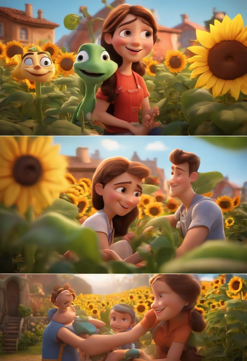Create a Disney PIXAR-style 3D poster. ((centro da imagem, Triplets)), ((3 )) ((1 menino no meio e 2 meninas ao lado, They're hugging each other, O menino tem pele castanha e cabelos castanhos escuros e olhos castanhos escuros, 1 menina tem pele clara, olhos e cabelos escuros e cacheados, e a outra menina tem pele morena, olhos escuros e cabelos escuros e lisos)) ((tudo isso no estilo Disney PIXAR 3D, In the background, A house of sunflowers, Gloria Studio, The garden is full of nature 3D render RTX clay material, estilo de design cartunesco, POP Mart, soft lighting, linhas suaves, Spring tilt, Detailed illustrations of PIXAR 3D, Detalhes hiper-realistas, cor quente no estilo Disney PIXAR 3D))