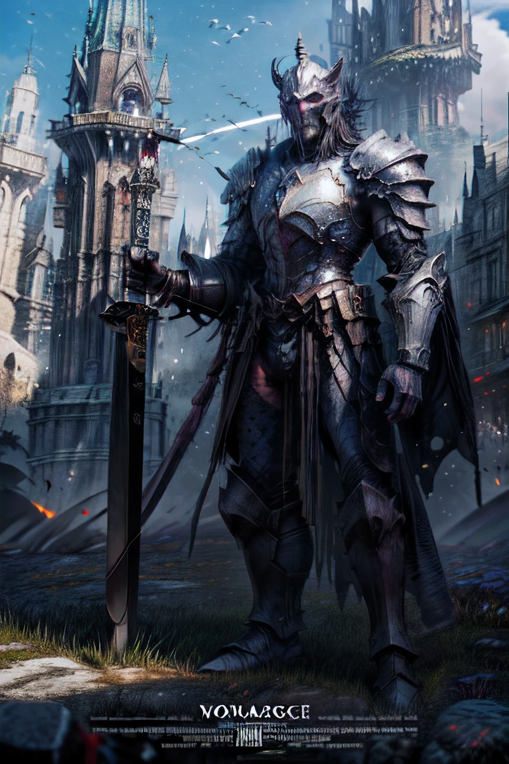 (fantasy movie poster: 1.5) named The White Knight,(movie poster: 1.5), RPG art, a beautiful  (woman: 1.3), white knight ridong a white horse, armed with a sword, wearing heavy armor, Ultra-Wide Angle, high detail, award winning, best quality, HD, 16K, rendering, high details, best quality, highres, ultra wide angle, 3D rendering, [[anatomically correct]]