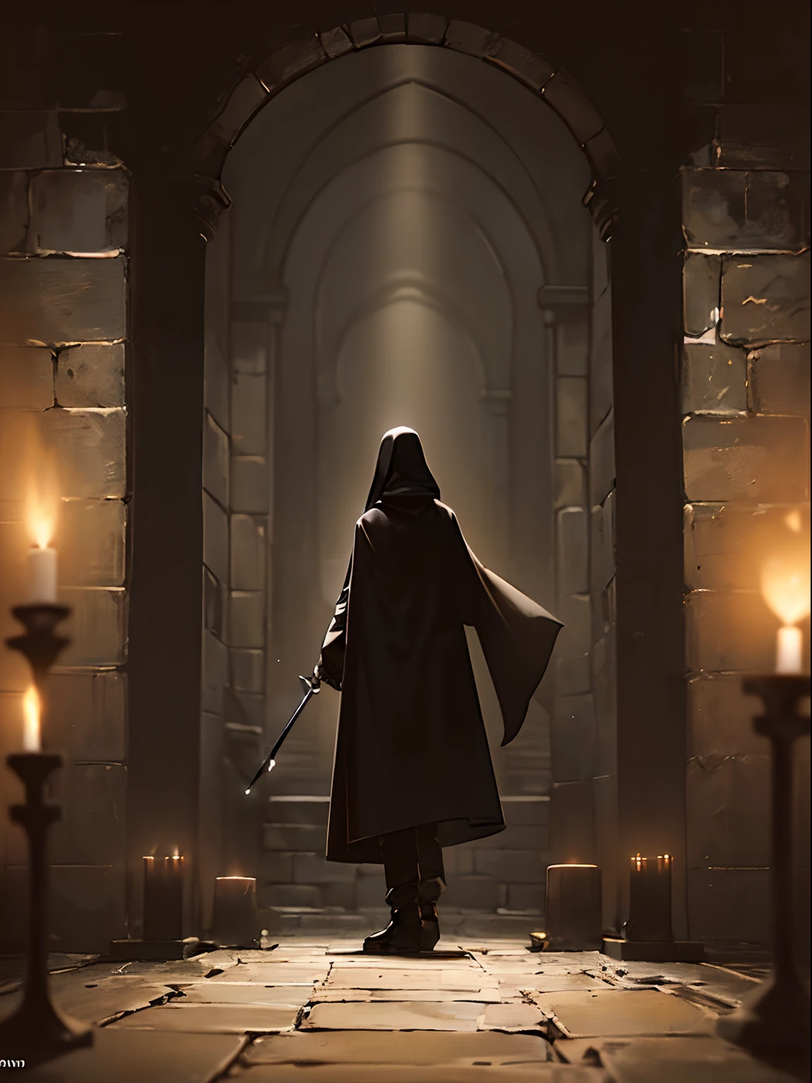 (A hooded man:1.2), (inside a dungeon:1.2), (with flickering torches on the walls:1.2), (captured from a distant viewpoint:1.2), (conveying an atmosphere of mystery and isolation:1.1), (shot with a Nikon D850 camera:1.2), (paired with a Nikon AF-S NIKKOR 70-200mm f/2.8E FL ED VR lens:1.2), (emphasizing the hooded figure's enigmatic presence within the dimly lit dungeon from a far distance:1.1), (highlighting the interplay of light and shadow from the torches in the background:1.1), (evoking a sense of solitude and anticipation as the man remains distant:1.1).