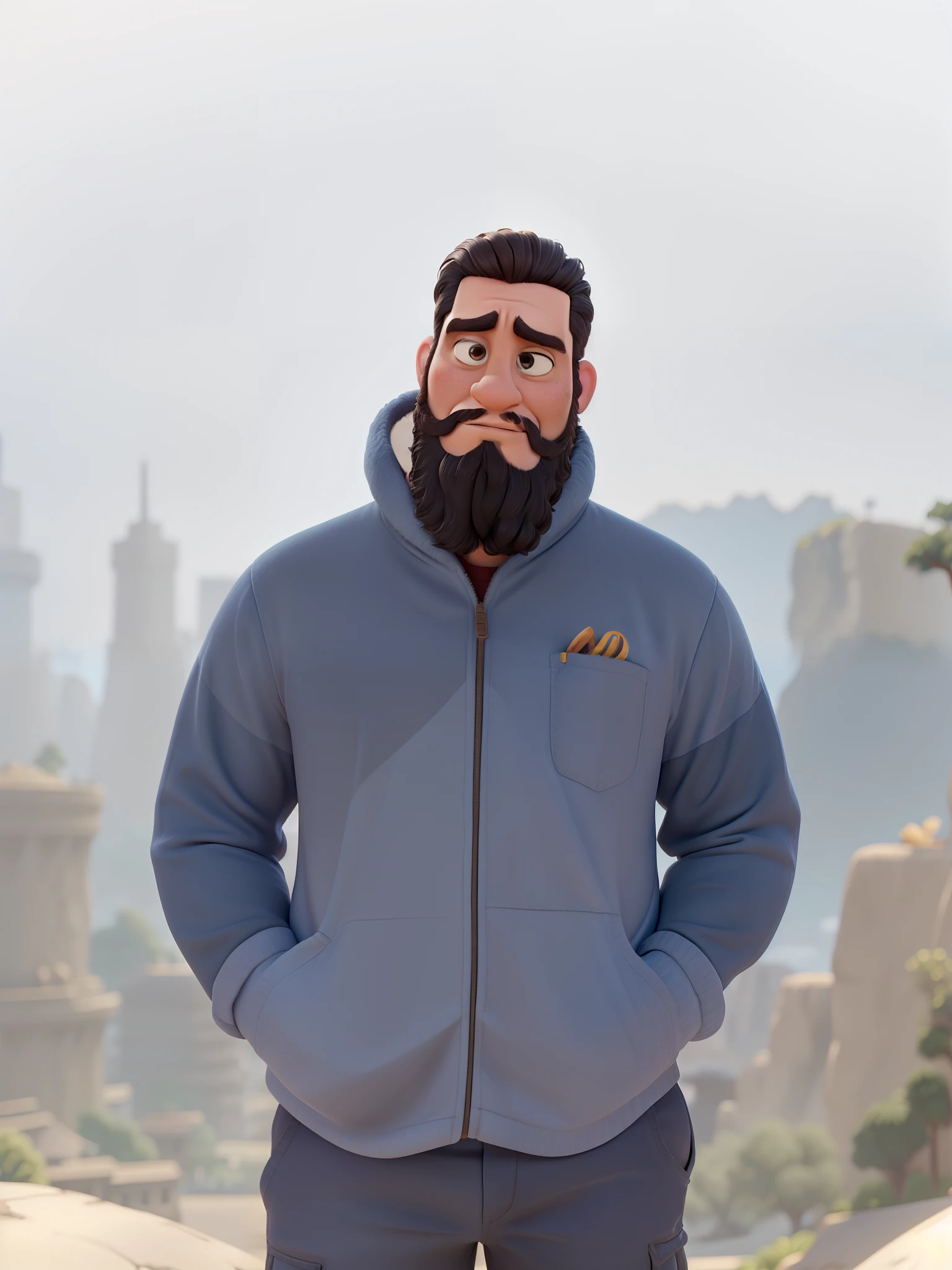 Um personagem inspirado na Disney Pixar. moreno 1,82 de altura, aproximadamente 100kg, cabelo raspado preto com um corte militar , Medium beard but complete a scar on the forehead on the right side, aparentemente 28 anos. Ele deve serio fofo e forte. Vemos uma cidade com predios altos ao fundo. A cena deve estar no estilo de arte digital da Pixar, focusing on the expressions of the characters, cores vibrantes e texturas detalhadas.