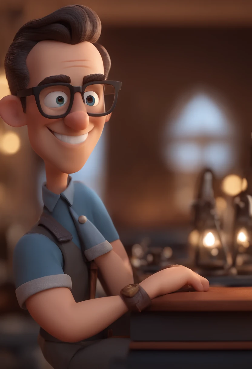 Cartoon character of a man with black glasses and a blue shirt, animation character, Caractere estilizado, animation style rendering, 3D estilizado, Arnold Maya render, 3 d render stylized, toon render keyshot, Personagem 3D, Personagem 3D, 3d rendering stylized, 3 d character render, personagem de desenho animado, Personagem de close up, Pose de personagem, (Estilo Pixar) (master part:1.2) (Bokeh) (best quality) (pele detalhada) (textura detalhada) (8k) (argila) (Cinematic lighting) (foco nítido