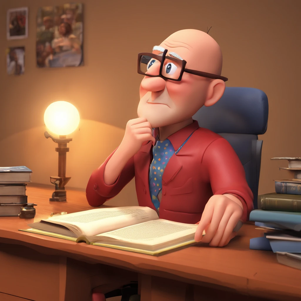 Crie um cartaz inspirado na Disney Pixar com o personagem sendo o Thiago Zevzikovas, A bald man wearing glasses, in an office with a Bible on the table