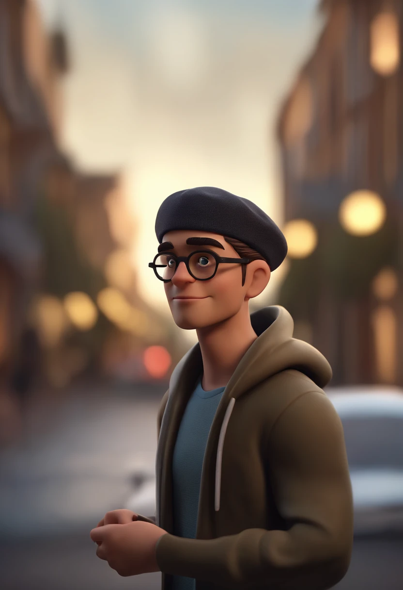 Cartoon character of a young man with round glasses and a black sweatshirt, 
with cap back, e barba preta, animation character, Caractere estilizado, animation style rendering, 3D estilizado, Arnold Maya render, 3 d render stylized, toon render keyshot, Personagem 3D, Personagem 3D, 3d rendering stylized, 3 d character render, personagem de desenho animado, Personagem de close up, Pose de personagem,  (Estilo Pixar) (master part:1.2) (Bokeh) (best quality) (pele detalhada) (textura detalhada) (8k) (argila) (Cinematic lighting) (foco nítido