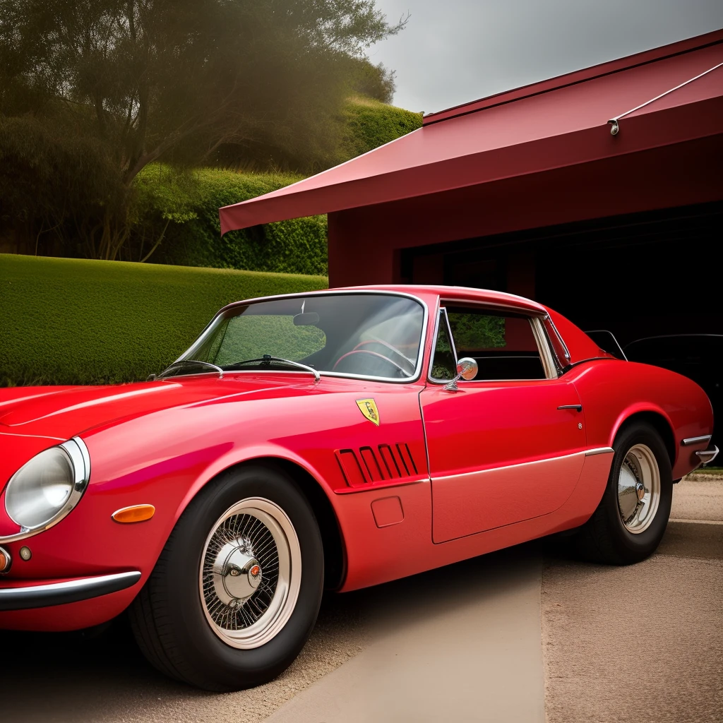 I would like an art with the character leaning against a Ferrari model car and this car is well lowered to his suspension, The young man is 30 years old and a photographer and wears a cap, tem a pele morena clara, light brown eyes and tattoo on left arm