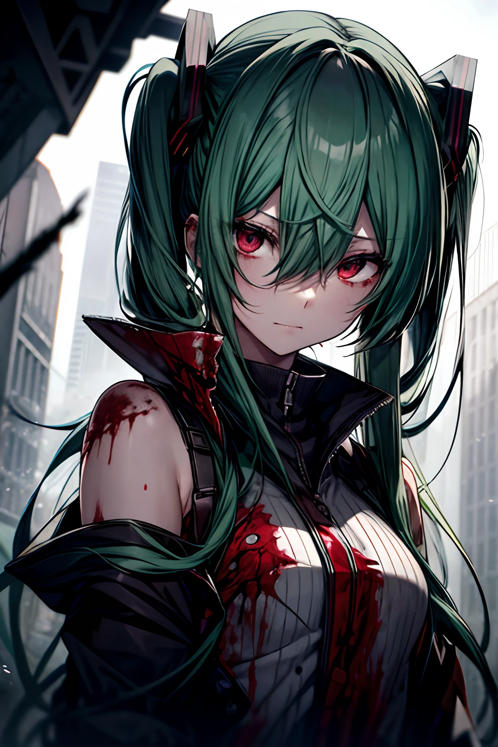 Green hair、miku hatsune、dead body、Blood everywhere、blood splashing、dark hue、Red hue、