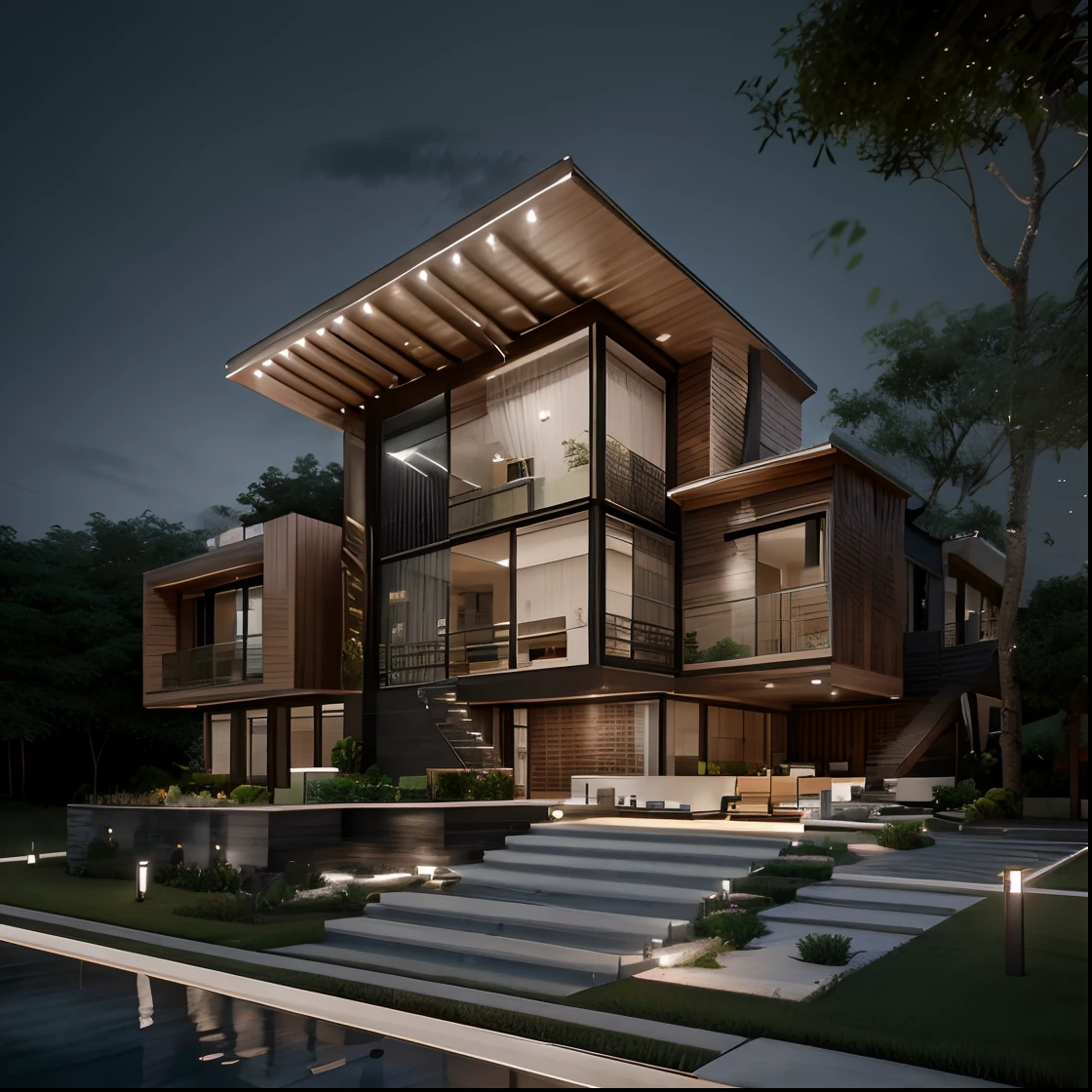 A modern construction for a house in a luxury condominium, Contemporary architecture The look is beautiful with supporting pillars, Acabamento Brisa, Wooded area with trees behind the building, ultra realistic, detalhes intrincados, cinematic lights, 8k