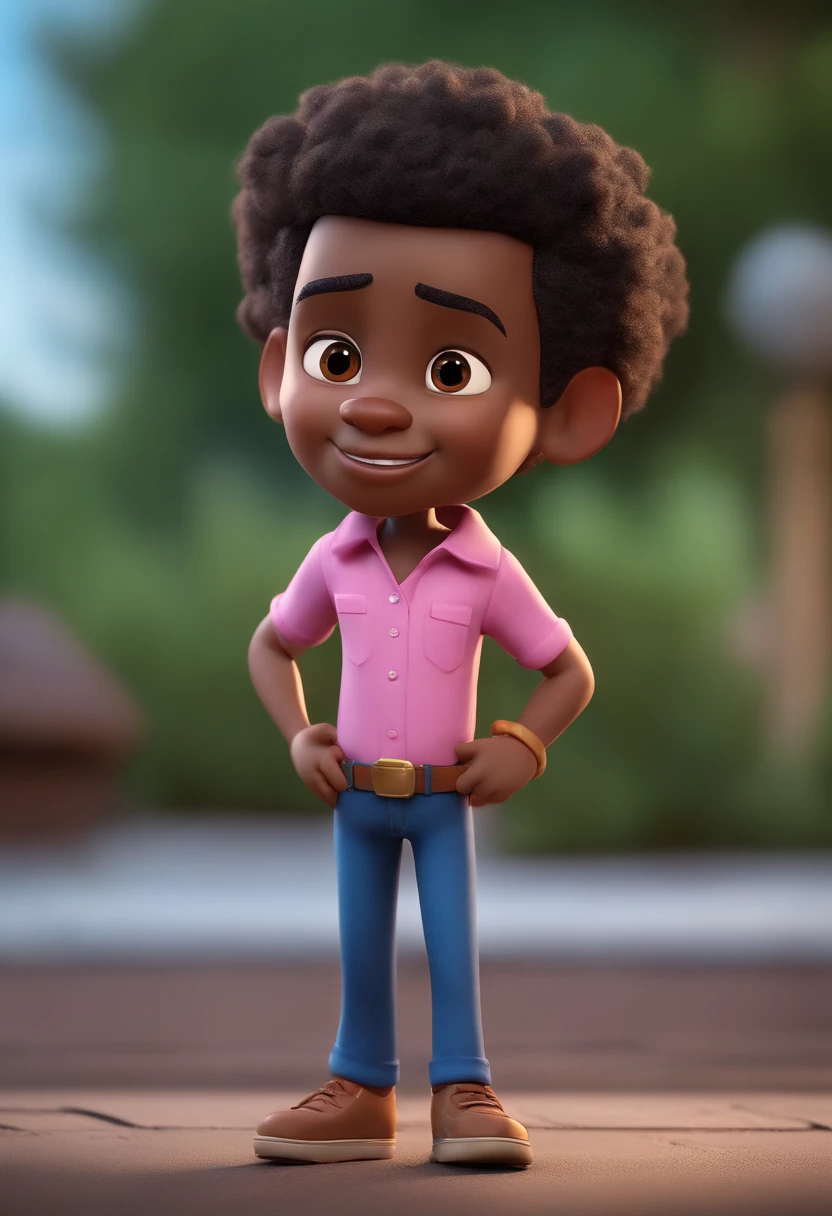 Cartoon character of a black man with a pink shirt, tocabdo teclado ,animation character, Caractere estilizado, animation style rendering, 3D estilizado, Arnold Maya render, 3 d render stylized, toon render keyshot, Personagem 3D, Personagem 3D, 3d rendering stylized, 3 d character render, personagem de desenho animado, Personagem de close up, Pose de personagem, (Estilo Pixar) (master part:1.2) (Bokeh) (best quality) (pele detalhada) (textura detalhada) (8k) (argila) (Cinematic lighting) (foco nítido