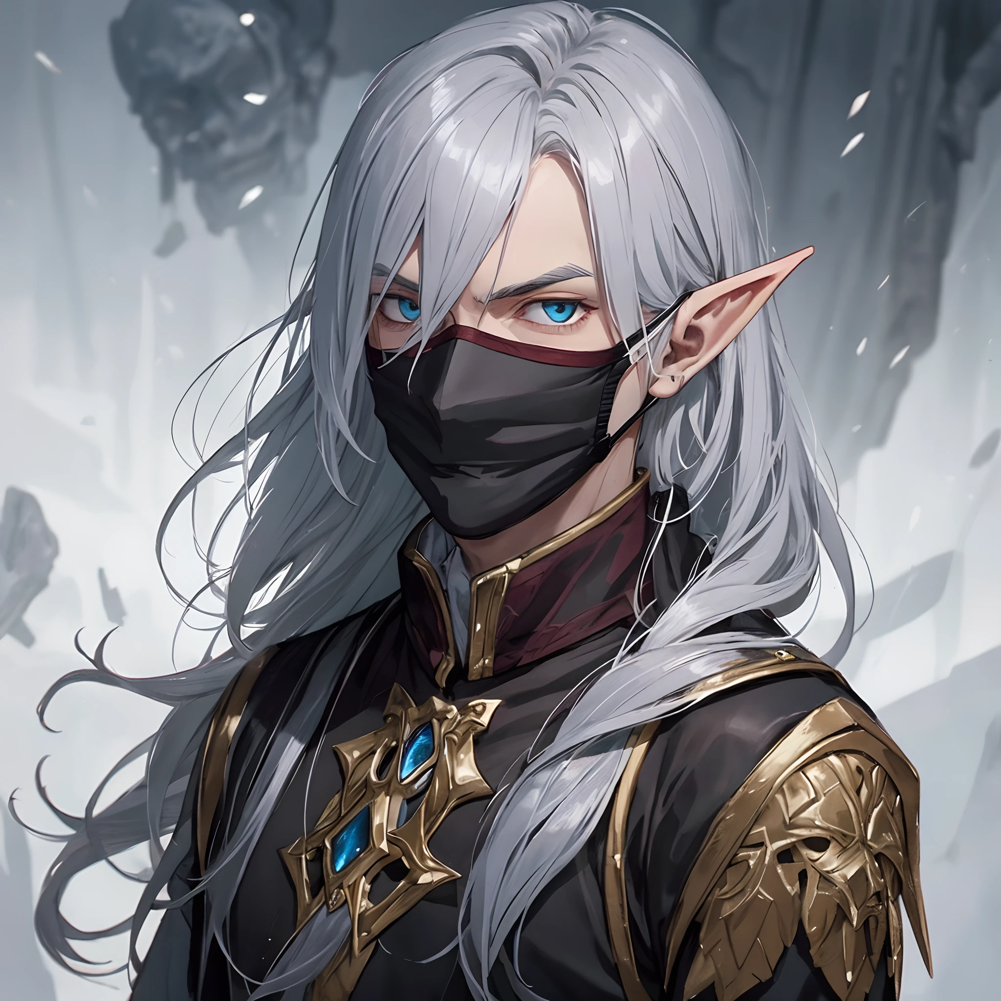 A drow elf man in war mage clothes with silver hair and a mask civering his whole face