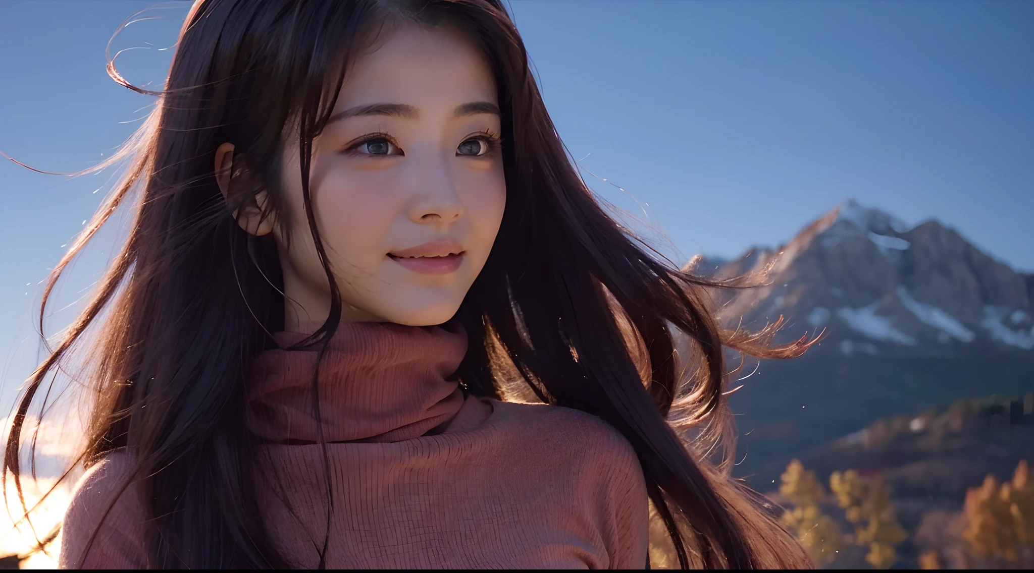 girl,cute,beautiful face,turtleneck, bare breast, girl, flat breasts, longhair, 17years old, smile,looking a viewing, front view, outdoor,{{wind}},red leaves, mountain backgrounds, {{{{{detailed face}}}}},photorealization, detailed body, ultra-detailed, best quality, beautiful detailed eyes, cinematic lighting, super detailed skin