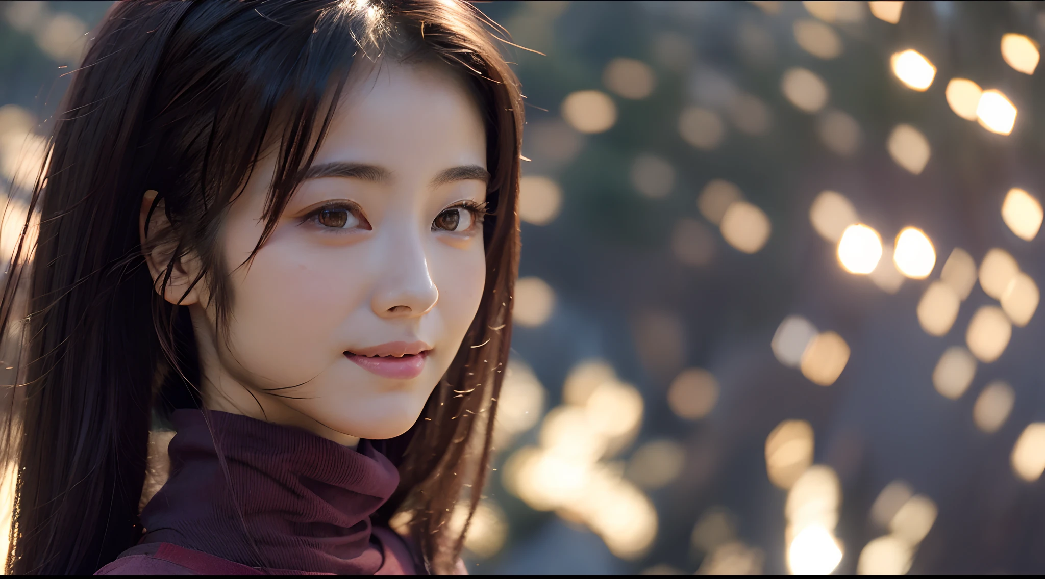 girl,cute,beautiful face,turtleneck, bare breast, girl, flat breasts, longhair, ars old, smile,looking a viewing, front view, outdoor,{{wind}},red leaves, mountain backgrounds, {{{{{detailed face}}}}},photorealization, detailed body, ultra-detailed, best quality, beautiful detailed eyes, cinematic lighting, super detailed skin