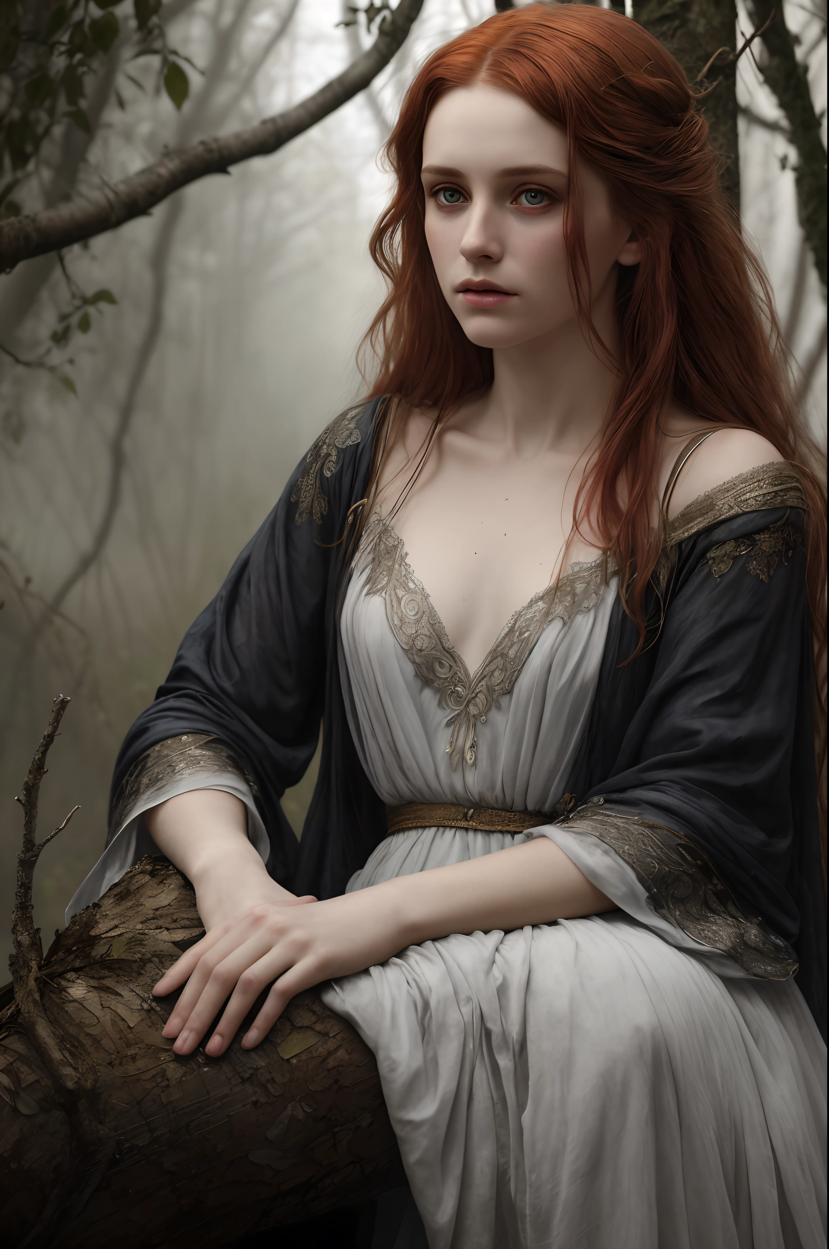 Full portrait, Realistic, Photorealistic, RAW photo, Highly detailed, cinematic rendering, Wild Dead Forest, evening, Cute 24-year-old woman, Leaning back in a tree and looking up at the grey cloudy sky, Redhead, Sexy, Dressed in a white tattered nightgown, Black leaves float in the air, the glittering particles flutter, Dinamic composition, Dark colours background, An atmosphere of melancholy and lonely, surreal photo by Alphonse Mucha, detailed perfect face, Melancholic eyes, Faded colors, cinematic  composition