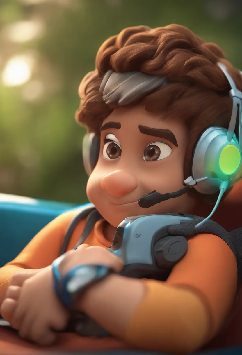 Personagem de desenho animado de um pai com barba curta, cabelo curto enrolado, sentado na frente de um computador e olhando para ele, A video game controller in your hand. E um filho junto a ele, with a headset on his head and holding a video game controller in his hand. O brilho do computador refletindo no rosto deles. um personagem animado, Caractere estilizado, animation style rendering, 3D estilizado, Arnold Maya render, 3 d render stylized, toon render keyshot, Personagem 3D, Personagem 3D, 3d rendering stylized, 3 d character render, personagem de desenho animado, Personagem de close up, Pose de personagem, (Estilo Pixar) (master part:1.2) (Bokeh) (best quality) (pele detalhada) (textura detalhada) (8k) (argila) (Cinematic lighting) (foco nítido，Senta e vaza a parte superior do corpo