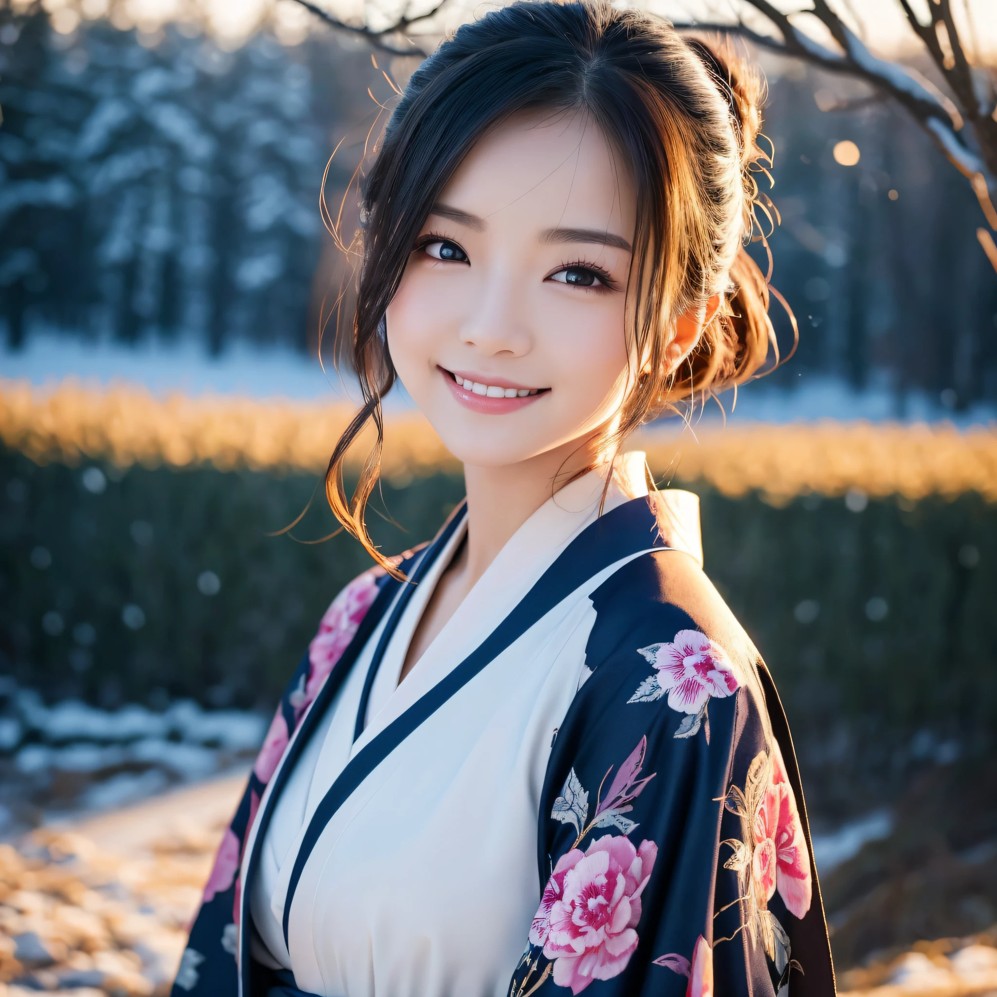 (Super beautiful woman in kimono)、((best qualtiy、8k masterpieces:1.3))、foco nítido:1.2、(ultra beautiful faces:1.0)、(shinny skin:1.0)、photos realistic、A dark-haired、Video Lighting、High-definition eyes and face、Video Lighting、Japanese actressl、from the front side、medium breasts、With a happy smile、Slender Abs Beauty、Whole body、wearing kimonos、In a snowy landscape in the middle of winter