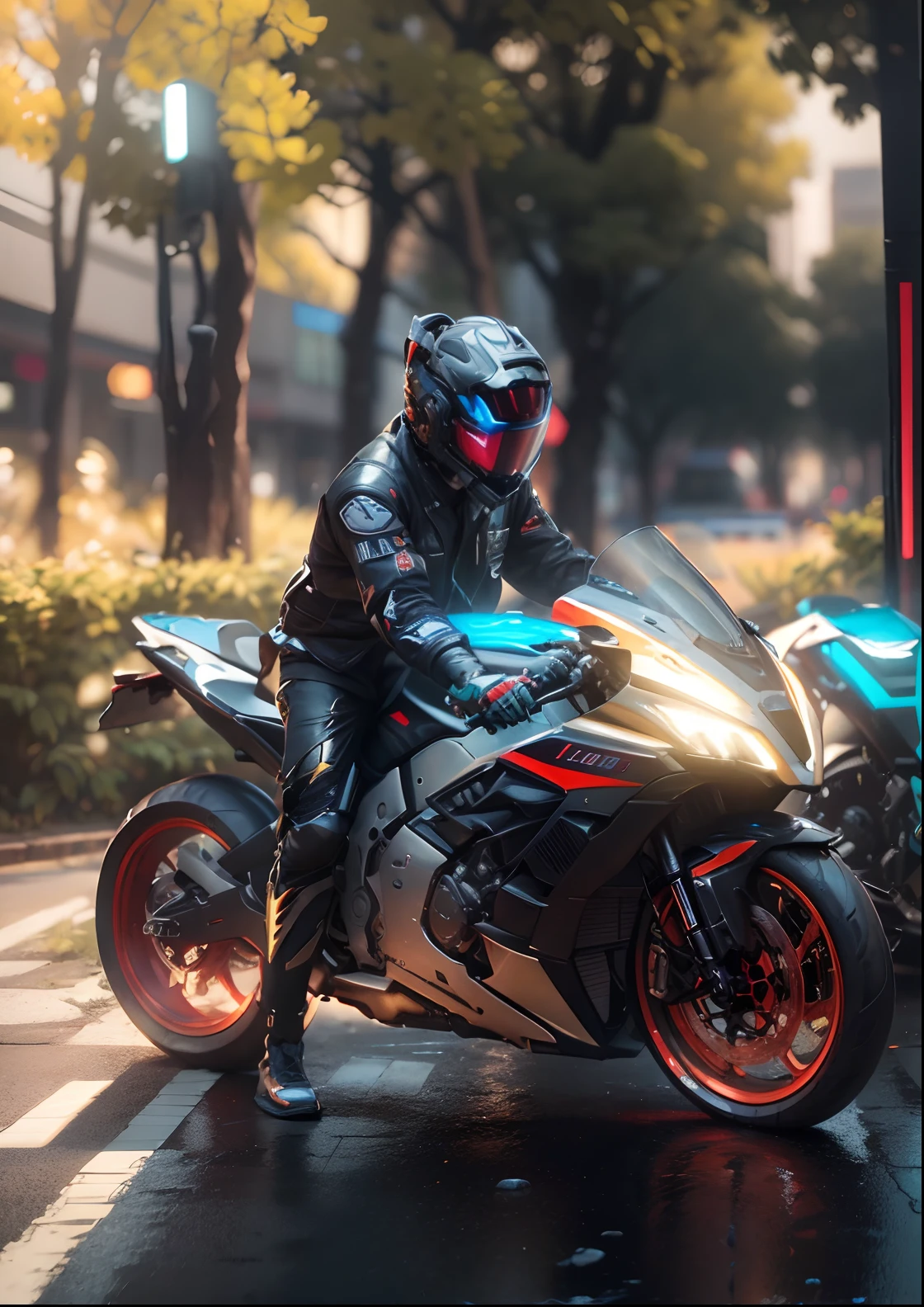 Cyber Male Warrior and Cyber Tech Mechanical Motorcycle, Mighty Male Warrior, Full Surround Helmet, No Faceless, Nousr, Biomechanics, MSHN Robot Man, Cyber Tech Full Surround Helmet, Surreal, Steel, Intricate Design, Crazy Detail, Fine Detail, Extremely Clear Lines, Cinematic Lighting, Photo Realistic, Detailed Masterpiece