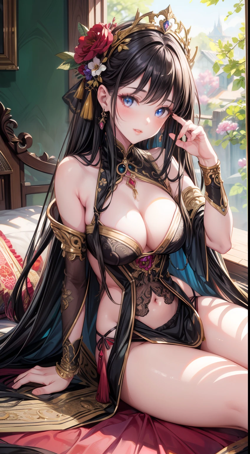 (best quality,ultra-detailed),1girl,beautiful face,gorgeous long hair,detailed eyes,detailed lips,seductive expression,provocative pose,sheer outfit,playful smile,bright colors,vibrant flowers in the background,fantasy lighting,captivating atmosphere,traditional painting style