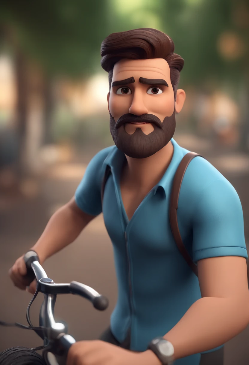 personagem dos desenhos animados de um homem moreno, com barba cerrada, rosto fino e uma camisa cinza, com uma bicicleta, Tattoo on Right Arm Animation Character, Caractere estilizado, animation style rendering, 3D estilizado, Arnold Maya render, 3 d render stylized, toon render keyshot, Personagem 3D, Personagem 3D, 3d rendering stylized, 3 d character render, personagem de desenho animado, Personagem de close up, Pose de personagem,  (Estilo Pixar) (master part:1.2) (Bokeh) (best quality) (pele detalhada) (textura detalhada) (8k) (argila) (Cinematic lighting) (foco nítido