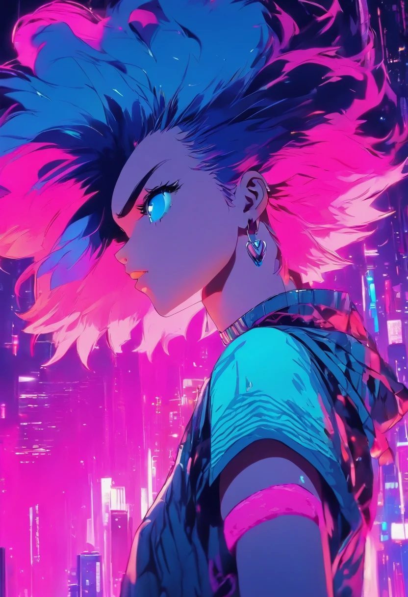 anime girl with pink hair and blue eyes with a piercing, in the art style of 8 0 s anime, delicate androgynous prince, [ synthwave art style ]!! ]!!, 8 0 s anime vibe, anime vibes, unknown artstyle, art deco outrun anime aesthestic, inspired by Sebastian Vrancx, [ synthwave art style ]!!