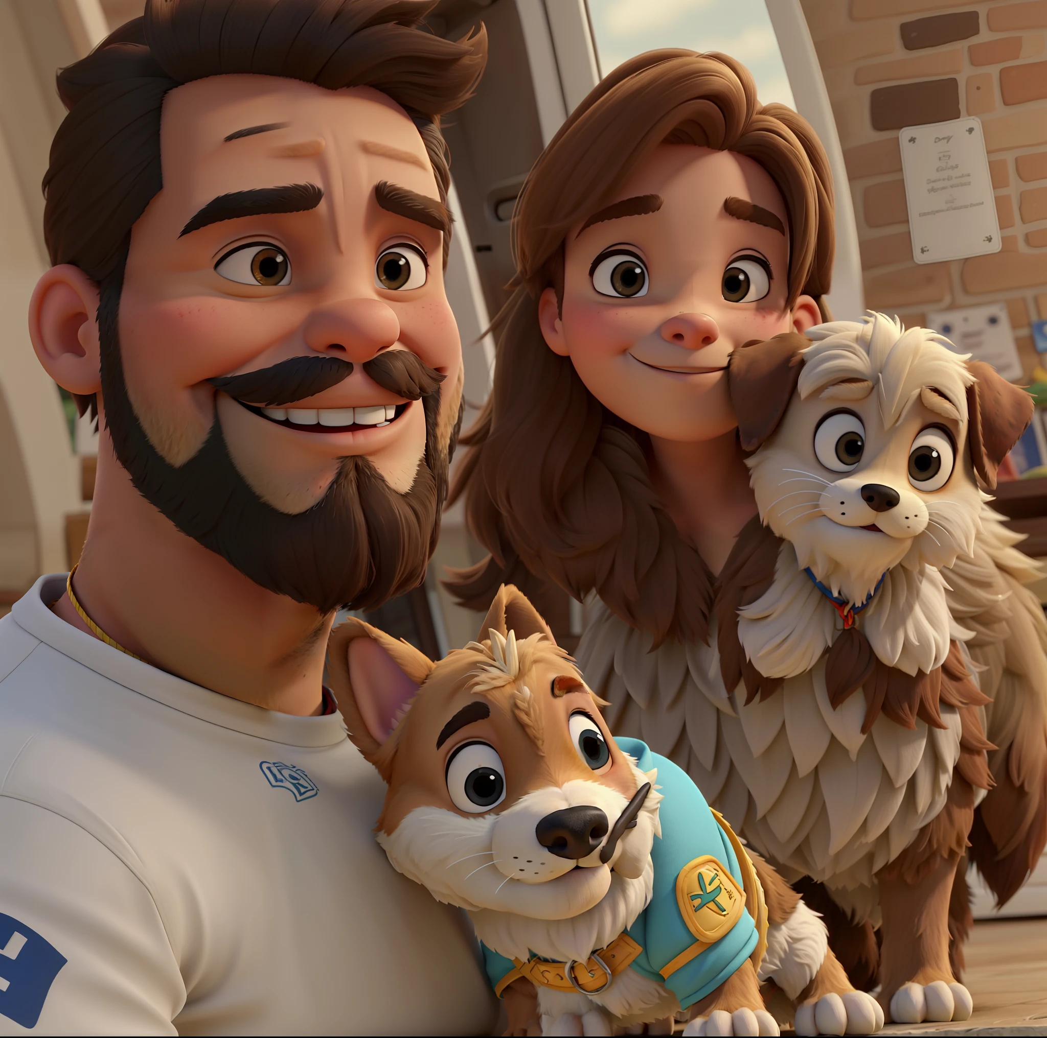 Um homem de barba, Segurando o cachorro e uma mulher com cabelo ruivo segurando um cachorro. No estilo Disney pixar, alta qualidade, melhor qualidade