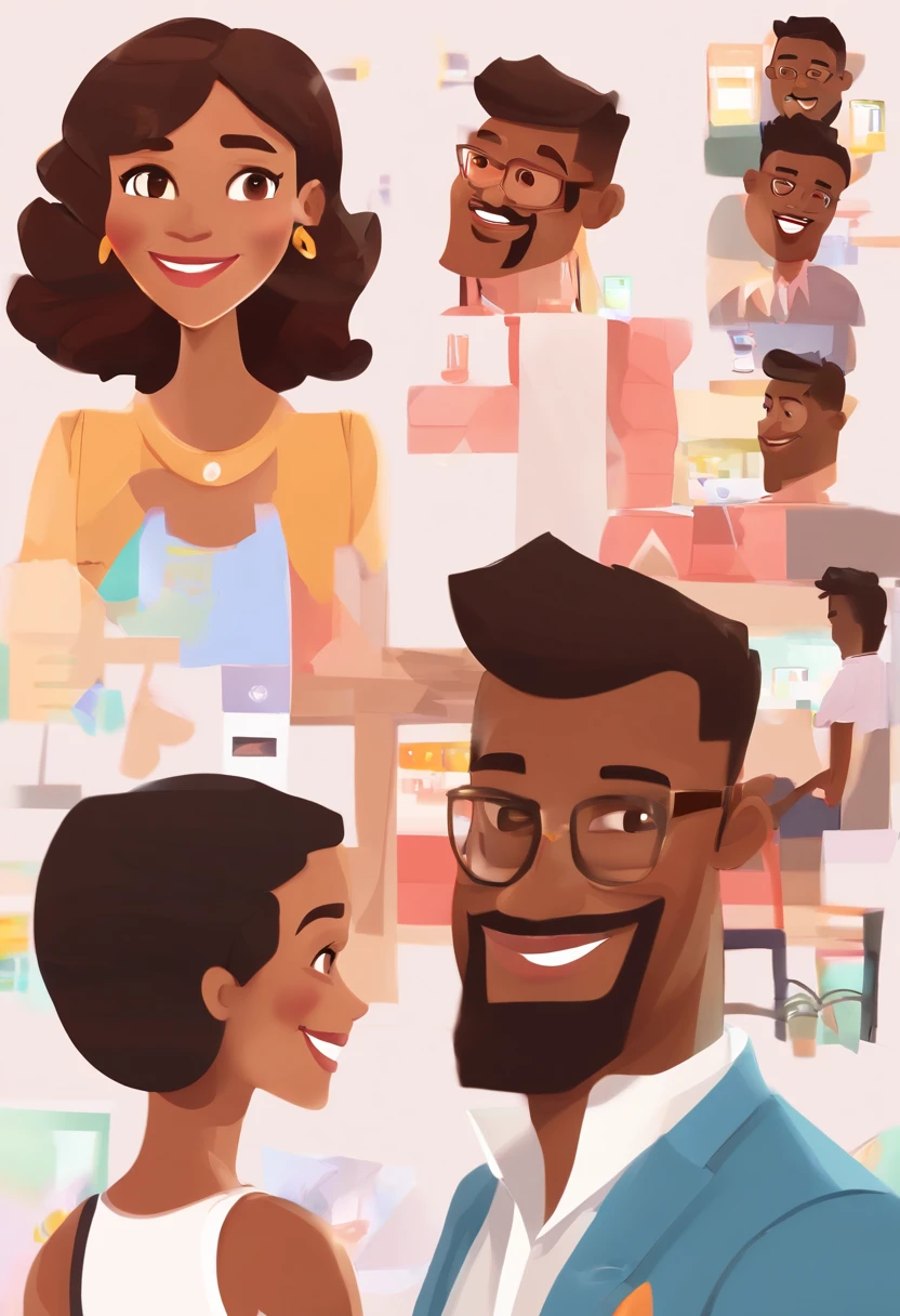 An illustration of an adorable couple, Highlight for a chubby mulatto man with glasses smiling and a brunette woman with beautiful expressive eyes - the man's skin is mulatto and the man's hair haswhile the woman's skin is black and the woman's hair is straight and brown. They are a bright room, cada um com um sorriso no rosto, e compartilhar um momento especial caracterizado pelo amor, Insights. Illustrate this scene from a perspective where they are facing the camera, Smiling and Showing Your Connection. Desenvolva esta arte em Full HD, Focus on your cinematic touch, Estilo Disney Pixar Animations