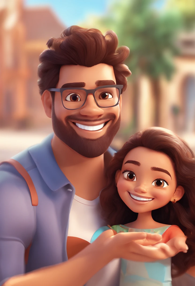 An illustration of an adorable couple, Highlight for a chubby mulatto man with glasses smiling and a brunette woman with beautiful expressive eyes - the man's skin is mulatto and the man's hair haswhile the woman's skin is black and the woman's hair is straight and brown. They are a bright room, cada um com um sorriso no rosto, e compartilhar um momento especial caracterizado pelo amor, Insights. Illustrate this scene from a perspective where they are facing the camera, Smiling and Showing Your Connection. Desenvolva esta arte em Full HD, Focus on your cinematic touch, Estilo Disney Pixar Animations