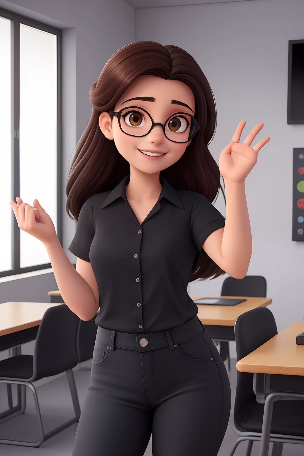 Uma mulher de 18 anos, com longos cabelos castanhos escuros , Rosto redondo, sorriso encantador, e olhos castanhos, em uma sala de aula, studio lighting, Sign Language Interpreter and Sign Language Teacher. she is wearing black clothes, Black blouse and jeans, wearing goggles