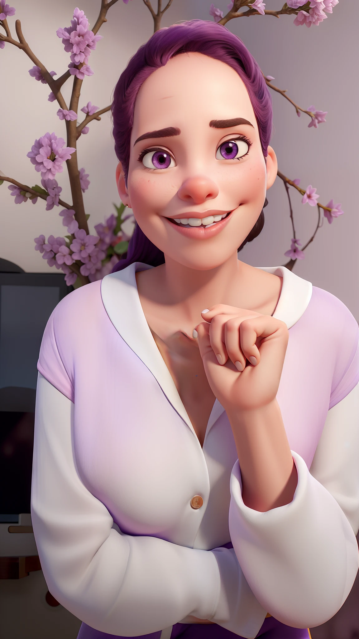 There is a woman in a white shirt and purple pants posing for a photo, com maquiagem profissional, full lips in pink color, imagem estilo desenho animado, pixar da disney, cartoon.
