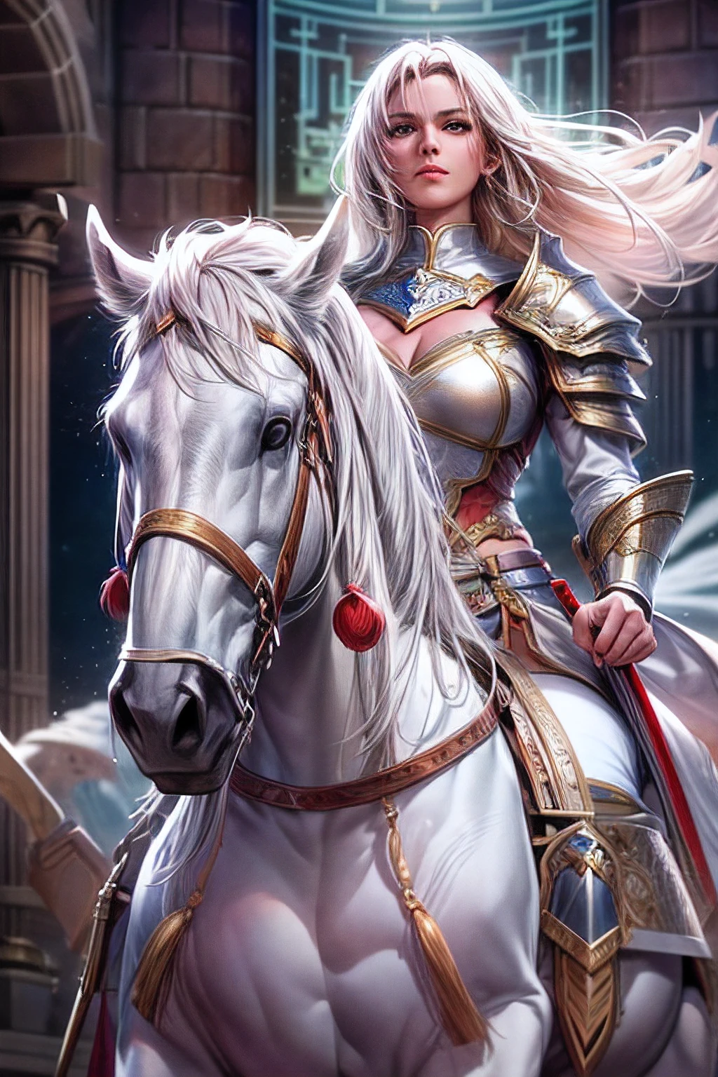 (fantasy movie poster: 1.5) named The White Knight,(movie poster: 1.5), RPG art, a beautiful  (woman: 1.3), white knight ridong a white horse, armed with a sword, wearing heavy armor, Ultra-Wide Angle, high detail, award winning, best quality, HD, 16K, rendering, high details, best quality, highres, ultra wide angle, 3D rendering, [[anatomically correct]]