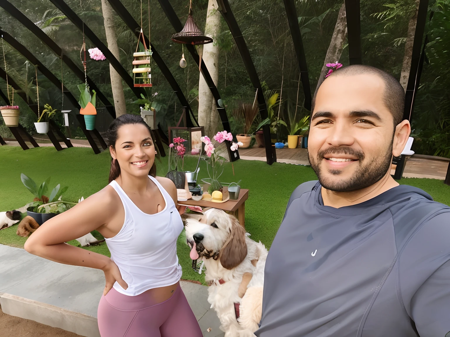 They're in the backyard with their dog and smiling, Directed by: David Ruby, imagem de perfil, em jardins de maconha, with dogs, belos arredores, Directed by: Carla Wyzgala, Karla Ortiz, Karolina Cummings, david rios ferreira, com um parque ao fundo, Parque em segundo plano, Cottagecore!! corpo fitness, Directed by: Caro Niederer