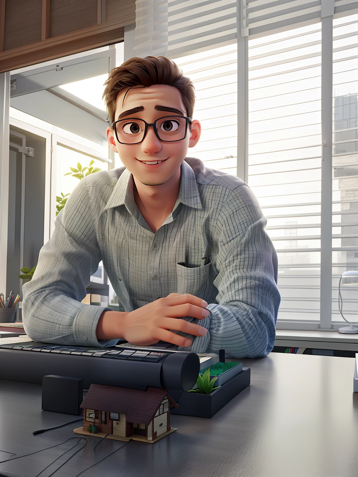 Young architect in his office lit by his garden