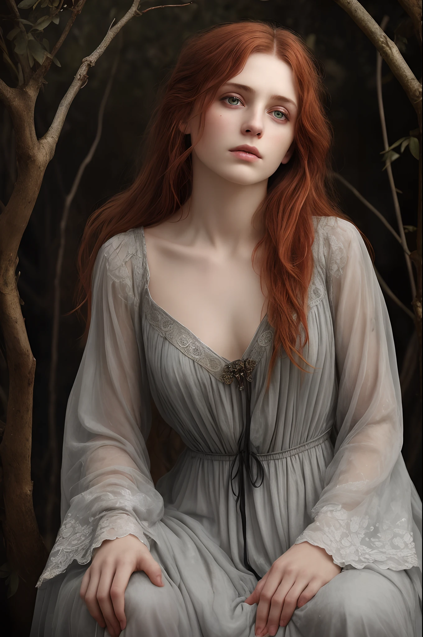 Full portrait, Realistic, Photorealistic, RAW photo, Highly detailed, cinematic rendering, Wild Dead Forest, evening, Cute 24-year-old woman, Leaning back in a tree and looking up at the grey cloudy sky, Redhead, Sexy, Dressed in a white tattered nightgown, Black leaves float in the air, the glittering particles flutter, Dinamic composition, Dark colours background, An atmosphere of melancholy and lonely, surreal photo by Alphonse Mucha, detailed perfect face, Melancholic eyes, Faded colors, cinematic composition