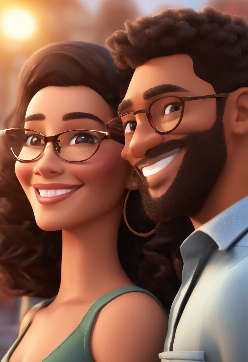 An illustration of an adorable couple, Highlight for a chubby mulatto man with glasses smiling and a brunette woman with beautiful expressive eyes - the man's skin is mulatto and the man's hair haswhile the woman's skin is black and the woman's hair is straight and brown. They are a bright room, cada um com um sorriso no rosto, e compartilhar um momento especial caracterizado pelo amor, Insights. Illustrate this scene from a perspective where they are facing the camera, Smiling and Showing Your Connection. Desenvolva esta arte em Full HD, Focus on your cinematic touch, Estilo Disney Pixar Animations