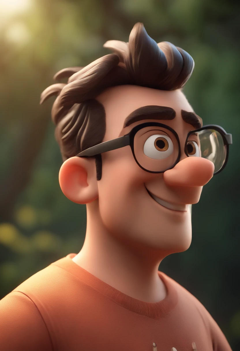 Cartoon character of a man with black glasses, cabelo baixo cacheado marrom escuro com entradas e uma camisa azul, animation character, Caractere estilizado, animation style rendering, 3D estilizado, Arnold Maya render, 3 d render stylized, toon render keyshot, Personagem 3D, Personagem 3D, 3d rendering stylized, 3 d character render, personagem de desenho animado, Personagem de close up, Pose de personagem, (Estilo Pixar) (master part:1.2) (Bokeh) (best quality) (pele detalhada) (textura detalhada) (8k) (argila) (Cinematic lighting) (foco nítido