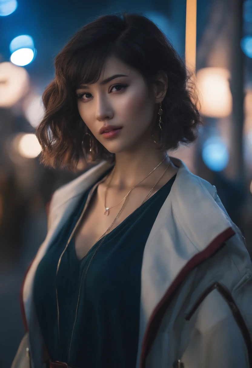 (8k, Foto RAW, master part:1.3), (Realistic, photo-realistic:1.37), (Noite), (Olhando para o Viewer:1.331), (cabelos brancos), Posando, Tokyo street, Paisagem noturna da cidade, CIDADE CYBERPUNK, luz suave, 1girl, rosto extremamente bonito, busto, put down hands, Hairstyle Random, random expression, olhos grandes, lower abdomen, (de manga curta .JK_camisa), JK_Estilo, (azul escuro JK_saia), (arco JK_amarrar), mistura4., best quality