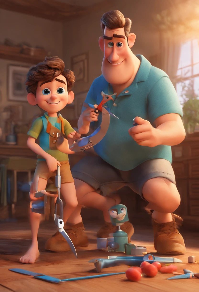 Estilo Pixar: The grown man is holding a naked blue-eyed boy and in his other hand he is holding a pair of scissors and is trying to cut off the boy's testicles,3D Poster,Disney