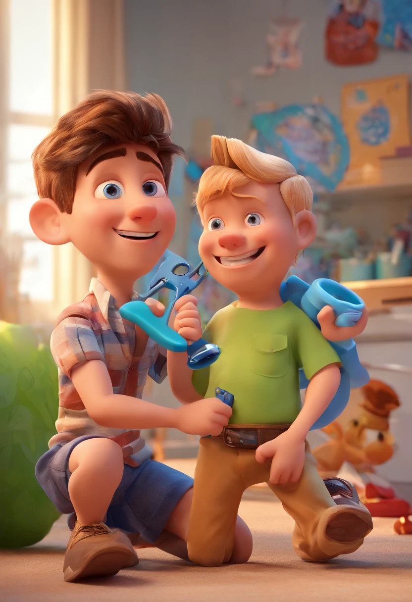 Estilo Pixar: The grown man is holding a naked blue-eyed boy and in his other hand he is holding a pair of scissors and is trying to cut off the boy's testicles,3D Poster,Disney