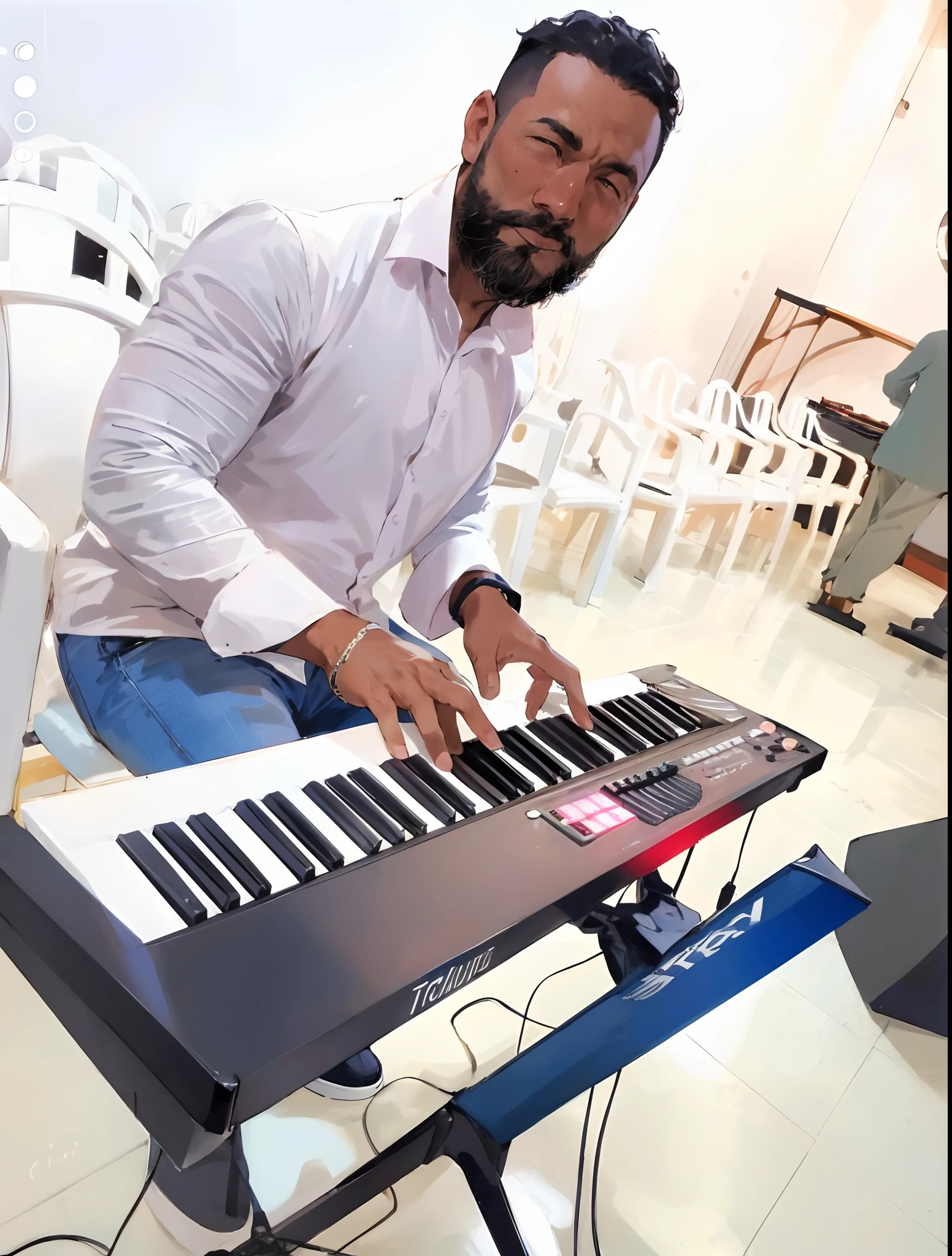 there is a man that is playing a keyboard in a room, tecladista, Usando sintetizador, tocando piano, jamming to music, pianista, music being played, tocando techno house music, Tocando um sintetizador Korg MS-20, live performance, teclado musical, masterful composition!!!, piano ao fundo, new song, Apresentando-se no palco, Mohamed Chahin