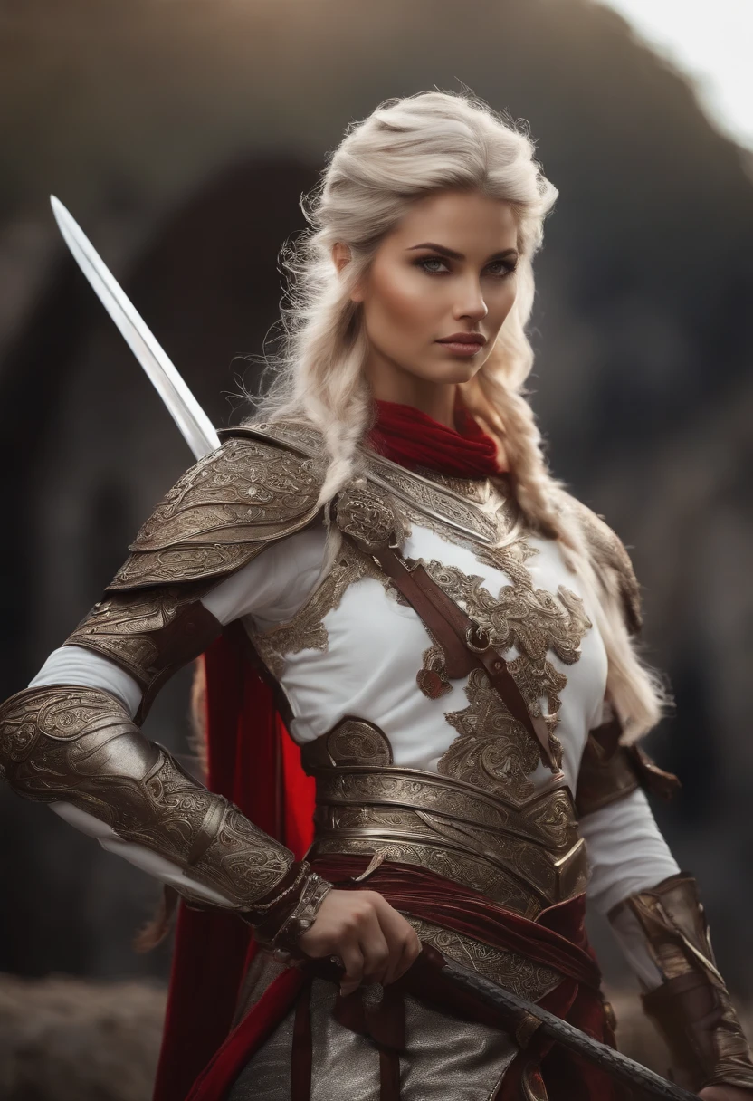 Estilo anime Elfa de cabelo prateado com rabo de cavalo olhos vermelhos e pele bronzeada usando armadura medieval vestindo preto e branco segurando uma espada e um escudo