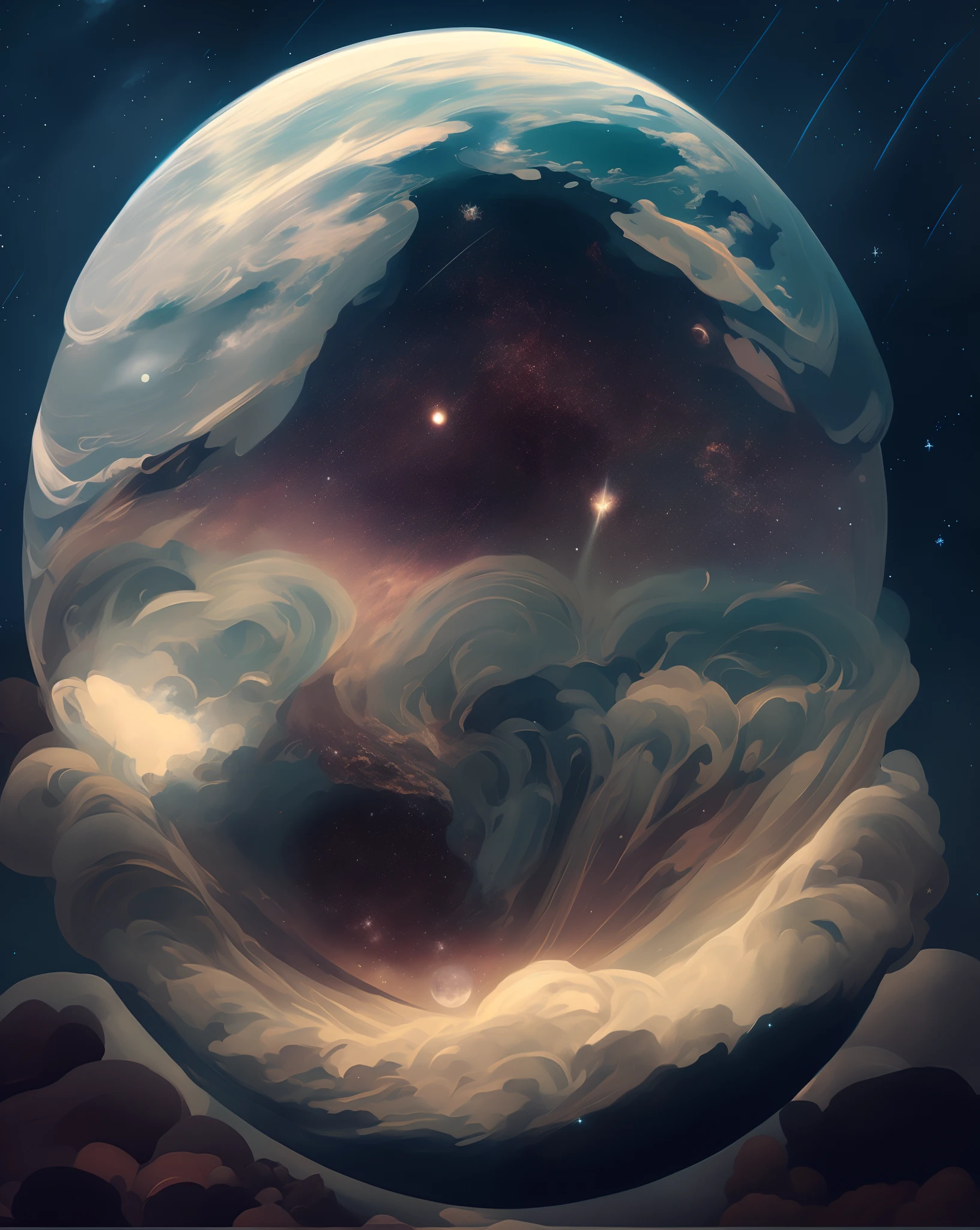 There is a painting of a planet with clouds and a star in the background, inspirado em Cyril Rolando, Jen Bartel, Cyril Rolando e Goro Fujita, Beeple e James Jean, Cyril Rolando e M.w kaluta |, Cyril Rolando e M. w kaluta |, No estilo de Cyril Rolando, Nuvens espaciais