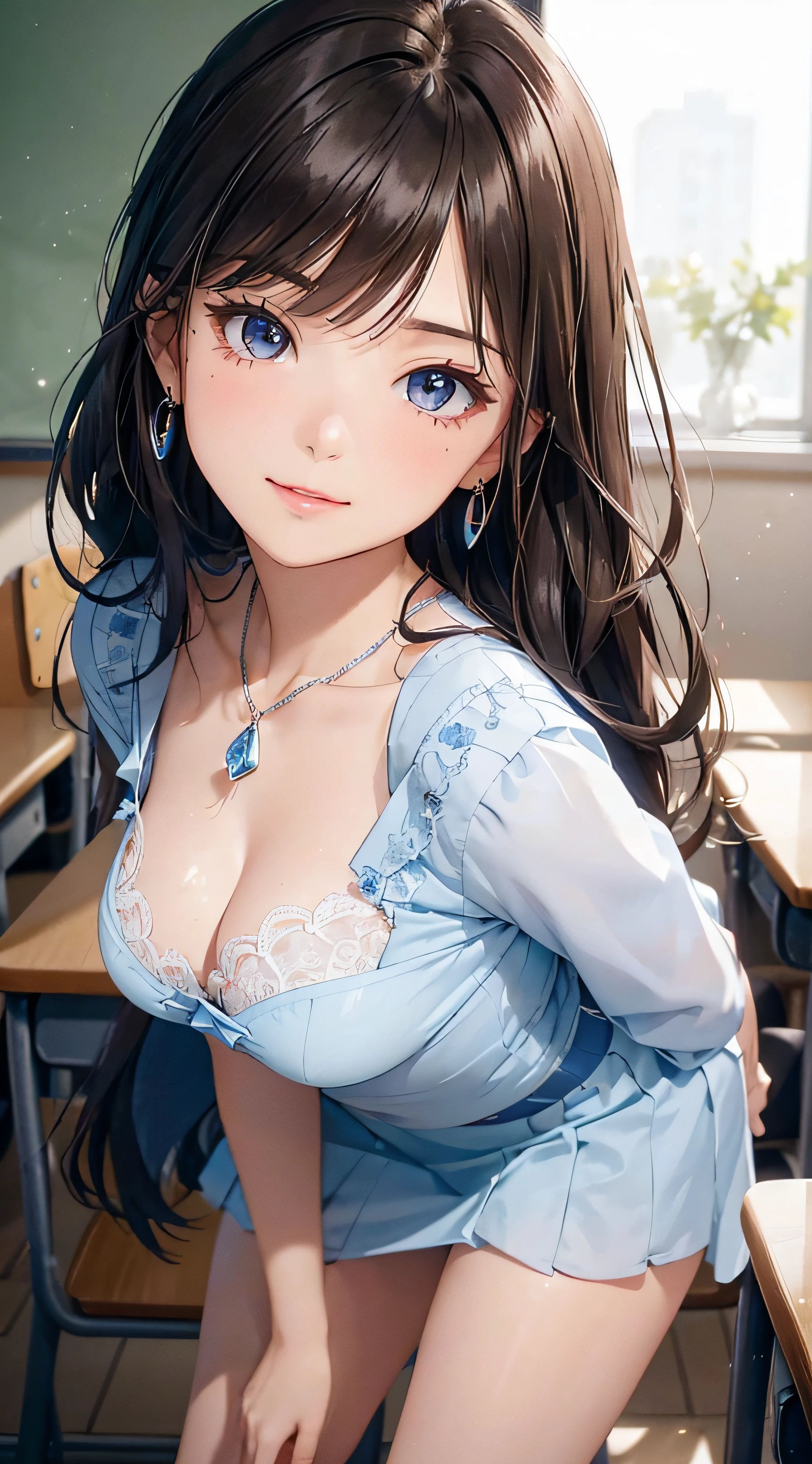 (masutepiece: 1.3), (max resolution: 1.2), (Ultra HDTV: 1.2), cinematric light, Ultra HDTV, (Detailed eyes and skin), (detailed facial features), nffsw, 8K resolution, Sharp Focus: 1.2, Perfect Style, Beautiful face, Perfect body, acurate, Anatomically correct, Highly detailed face and skin texture, Detailed eyes, Dark-blue eyes, Double eyelids, Thin eyebrows, Glitter Eyeliner: 1.2, Natural cheeks, Glossy skin, Fair skin: 1.2, shiny little necklace and earrings, (Glossy lips: 1.4), BREAK, One-person viewpoint, (She is a very cute female teacher), (Light blue lace bra, Light blue lace panties), (Seductive smile: 1.2), ((a Innocent and cute girl:1.3)), (Long Wave Hair), (ligh brown hair:1.2), (Cowboy Shot: 1.2), BREAK, ((Very intimate relationships: 1.2)), medium large breasts, ((Looking at Viewer:1.2)), ((In the classroom of the school:1.2)), ((Bend your knees and open your legs wide:1.2)), (From Side:1.2),low angle shot,FULL BODYSHOT jaket White tight shirt pleatedskirt