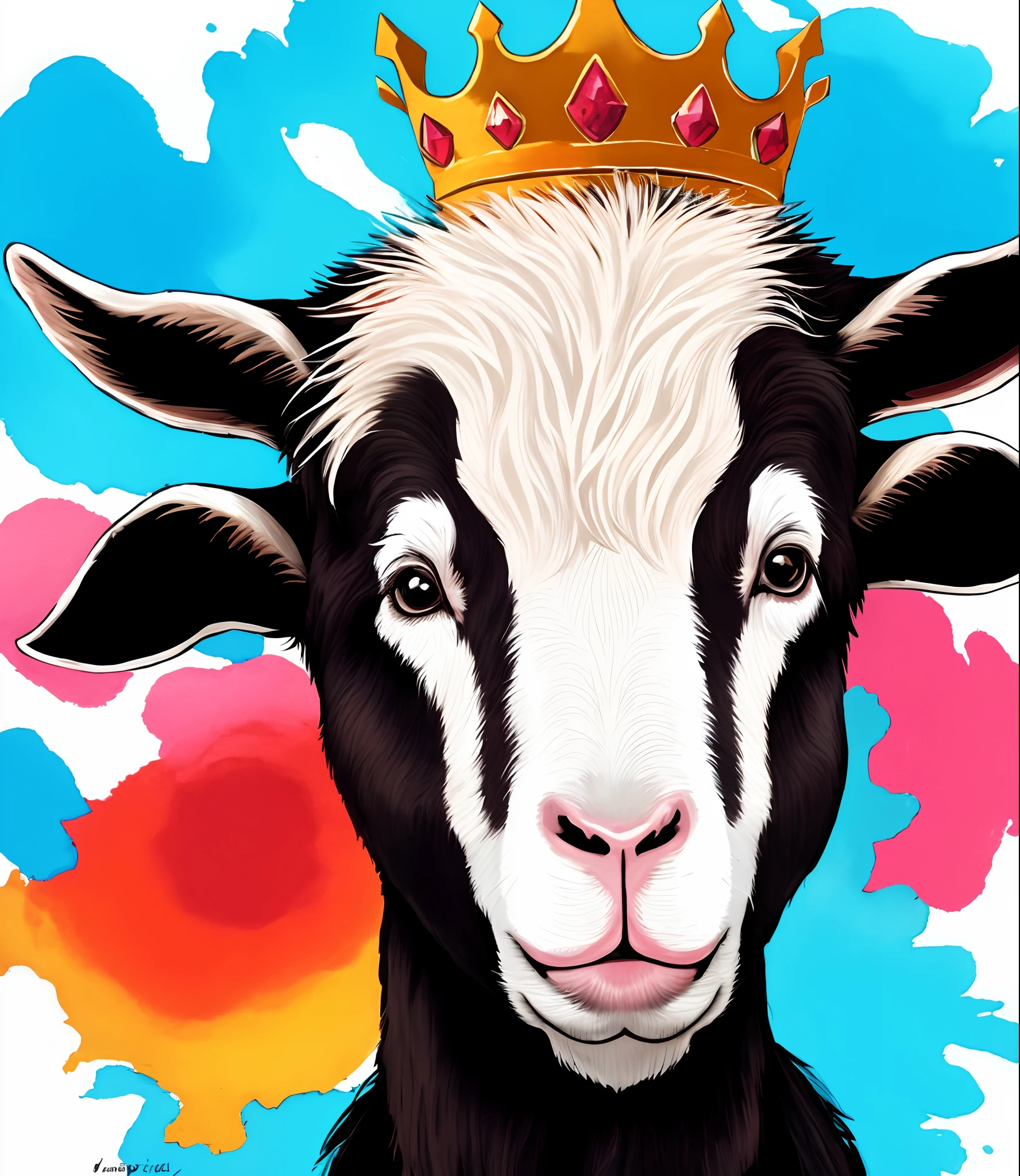 Goat face with crown, Graffiti background, water paint